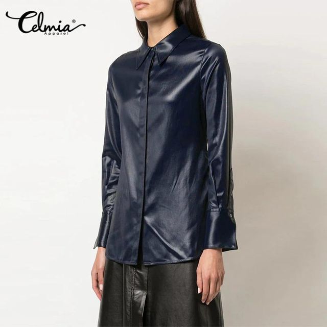 [해외] Celmia-여성용 기본 PU 가죽 셔츠 턴 다운 칼라 패션