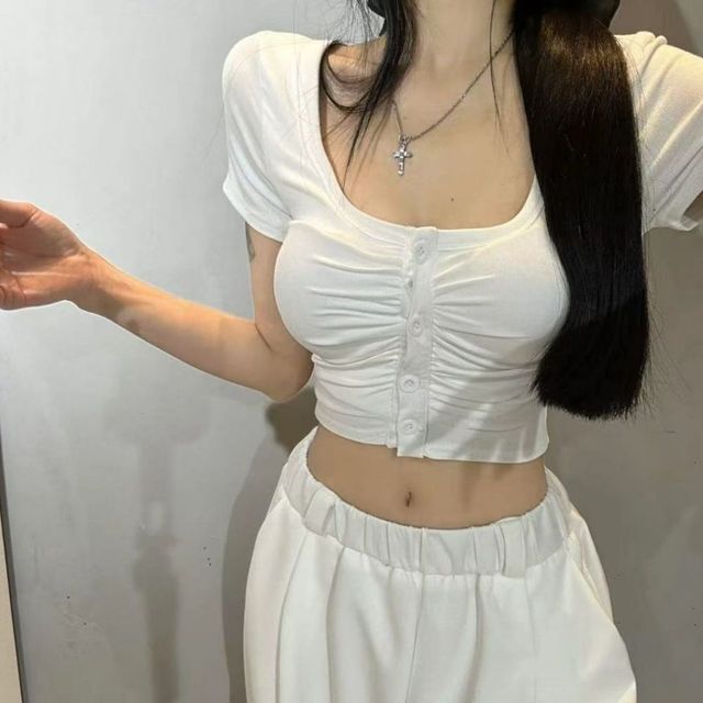 셔링 슬림 크롭 반팔티 HPC-1007806