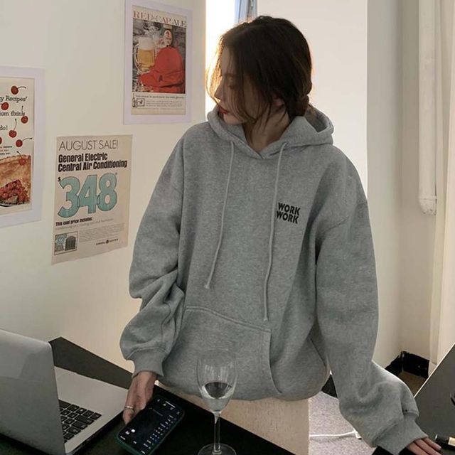 여자 워크 빅 레터링 기모 오버핏 후드 티셔츠 URK-1004417