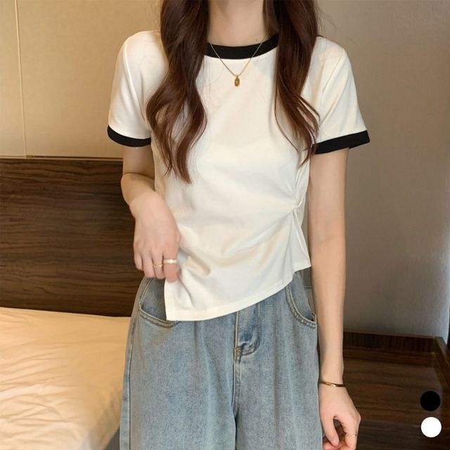 배색 사선 밑단 셔링 반팔 티셔츠 LM-0426