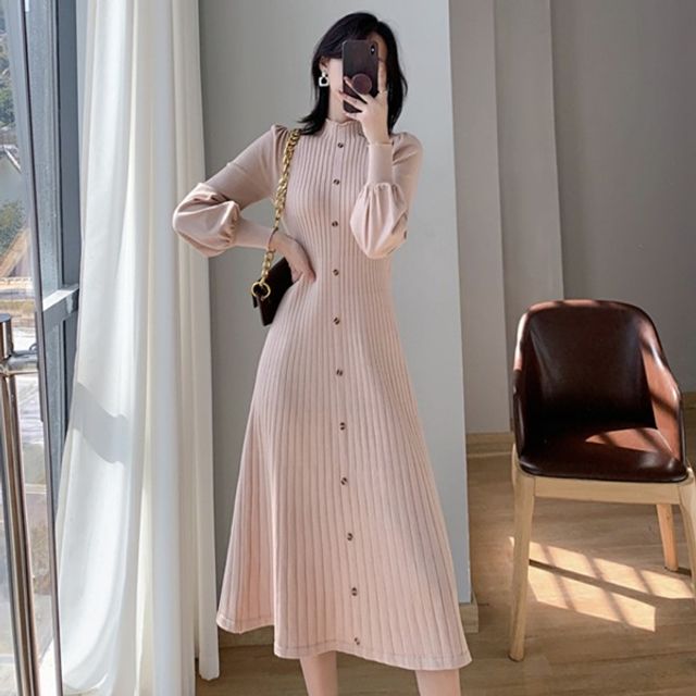 여성 터틀넥 니트롱 버튼 긴팔원피스 벌룬소매 하객룩