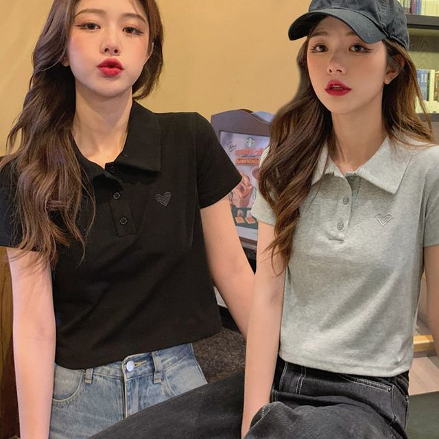 여자 하트 크롭 카라 반팔티 URK-455