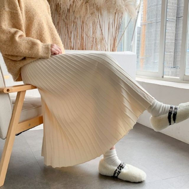 꾸안꾸 울 니트 플리츠 롱 스커트 SWC-1005267