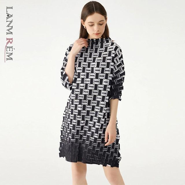 [해외] LARMREM 인쇄 격자 무늬 Pleated 드레스 여성 2022 봄