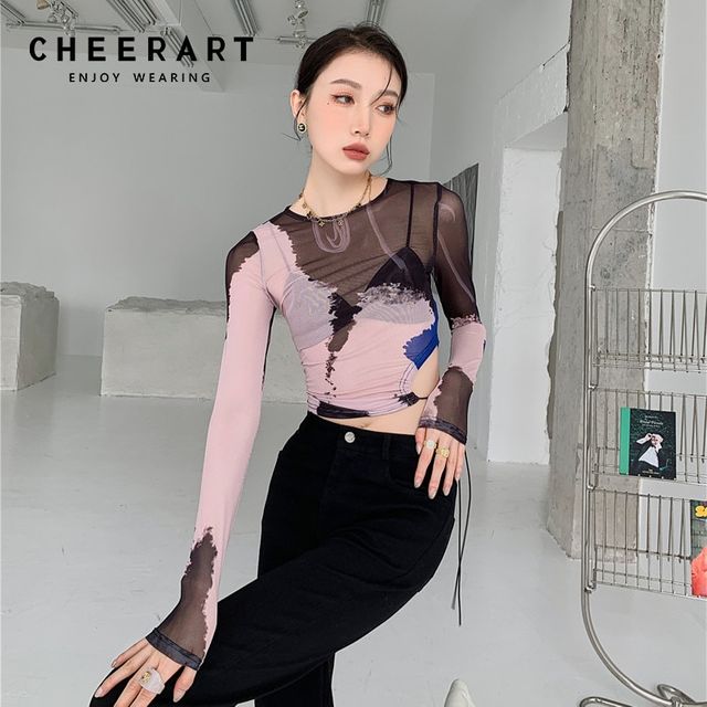 [해외] CHEERART Palette 메쉬 자르기 탑 T 셔츠 여성 Drawst