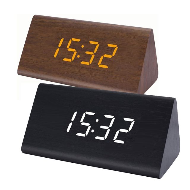 심플 원목무늬 LED 탁상용 삼각 알람시계 무소음 클락