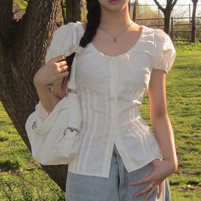 슬림핏 셔링 라운드넥 블라우스 JSD-1007172