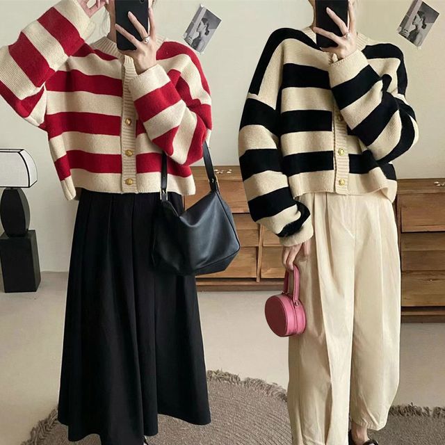 여자 스트라이프 라운드넥 미디 가디건 URK-1003603