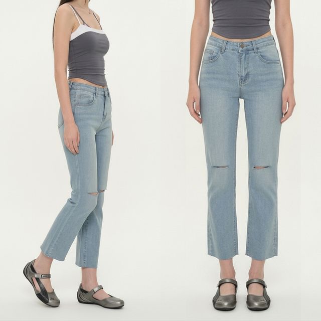 무릎 칼컷팅 일자 스판 데님팬츠 JEB-1006606