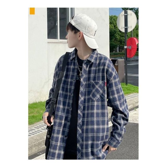 남성 캐주얼 체크 긴팔 셔츠 오버핏 대학생 스타일