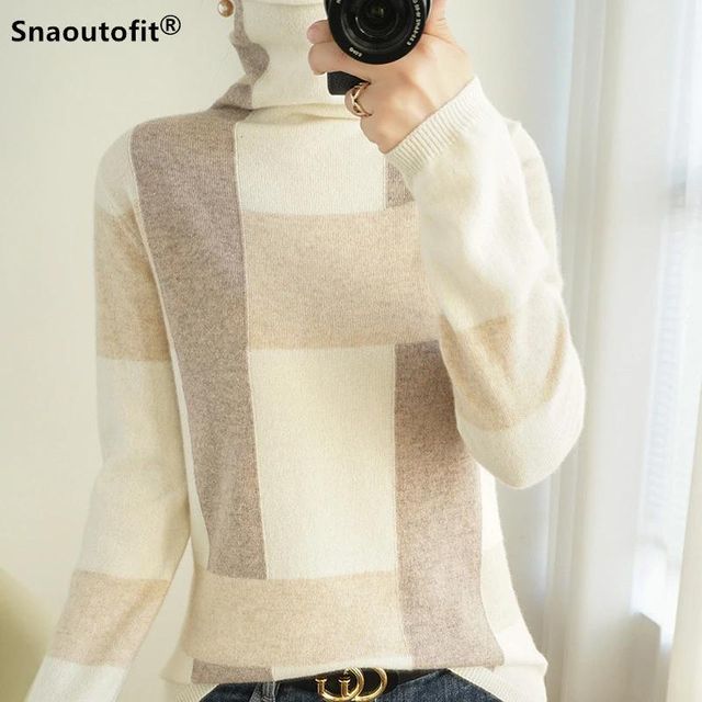 [해외] 여성용 스웨터 순수 울 스웨터 하이 칼라 따뜻함