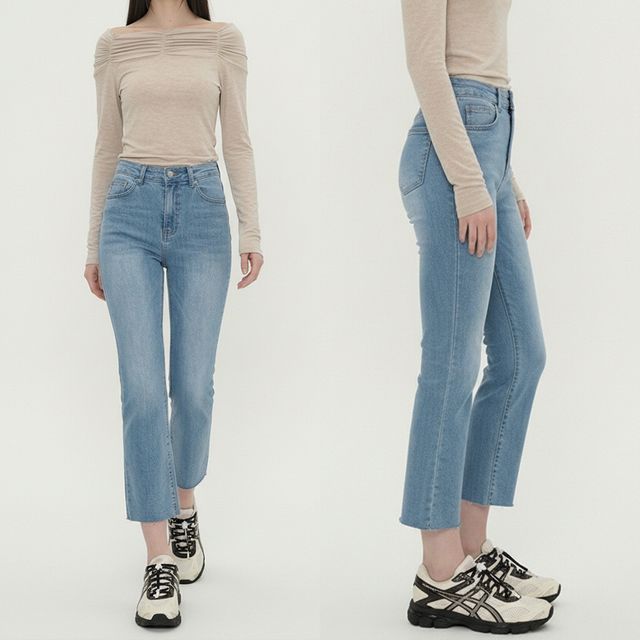 여성 스판 슬림 일자 밑단 컷팅 데님 팬츠 JEB-1007073