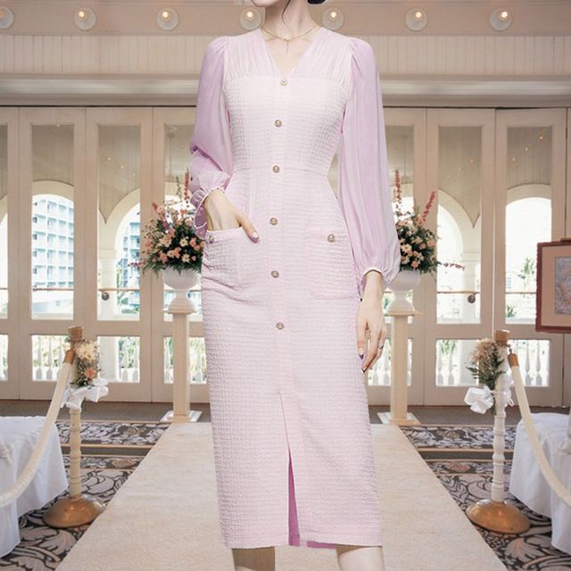 트위드 원피스 상견례 버튼 드레스 슬림라인 롱