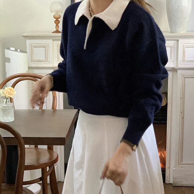 배색 카라 숏 긴팔 니트 DA-1004391