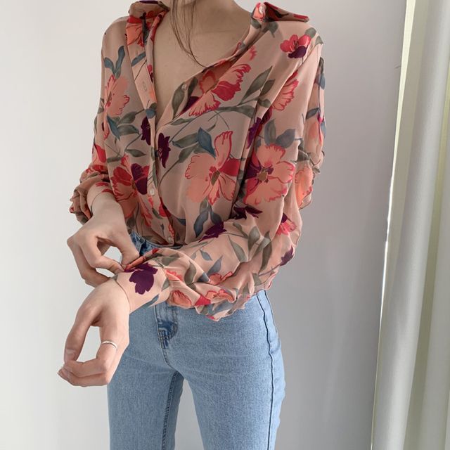 W 여성 카라 화려한 블라우스 꽃 무늬 쉬폰 셔츠 핑크