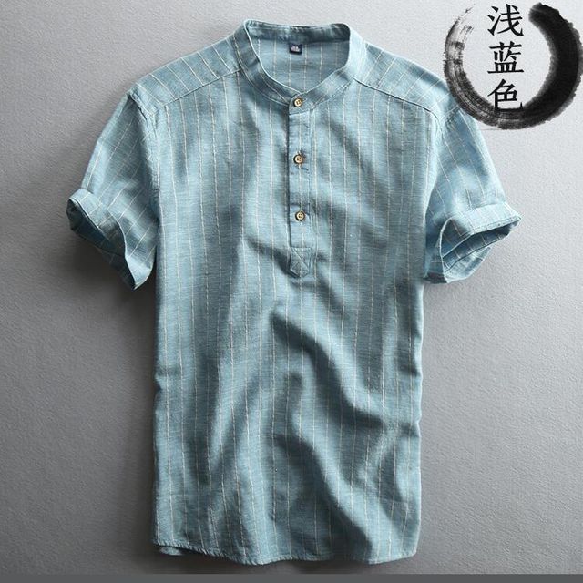 [해외] 남성 면마 통기성 티셔츠 터틀넥 줄무늬 반팔 T셔츠
