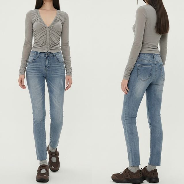 여성 베이직핏 스크레치 컷팅 스판 일자데님팬츠 JEB-1007333