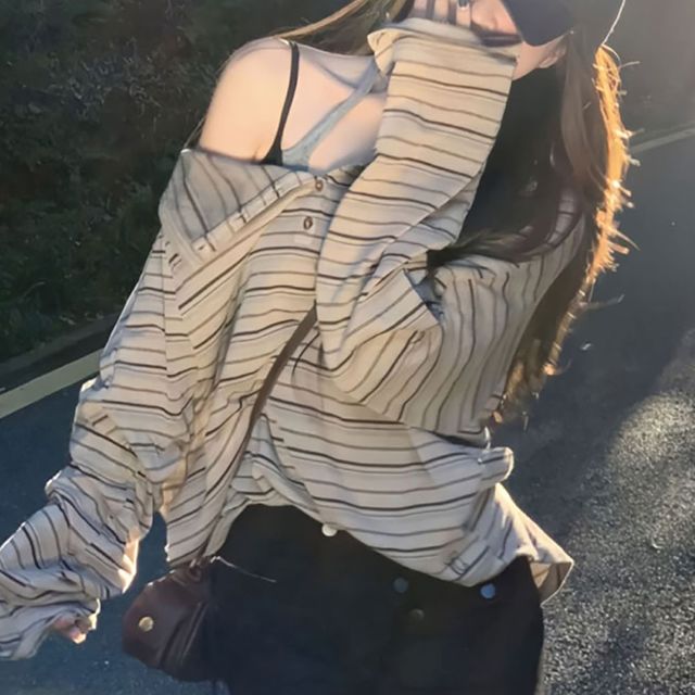 보트넥 루즈핏 스트라이프 오프숄더 긴팔티셔츠 NF-15