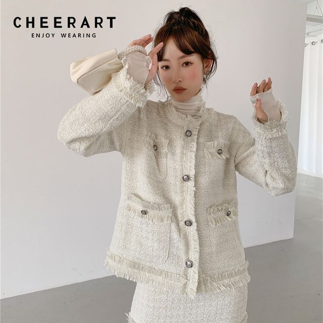 [해외] CHEERART 여성을위한 화이트 트위드 자켓 2021 가을