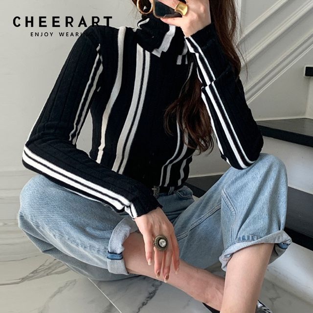 [해외] CHEERART 블랙 Whiet 스트라이프 터틀넥 여성 스웨터