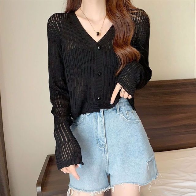 크롭 얇은 브이넥 펀칭 가디건 DK-1003672
