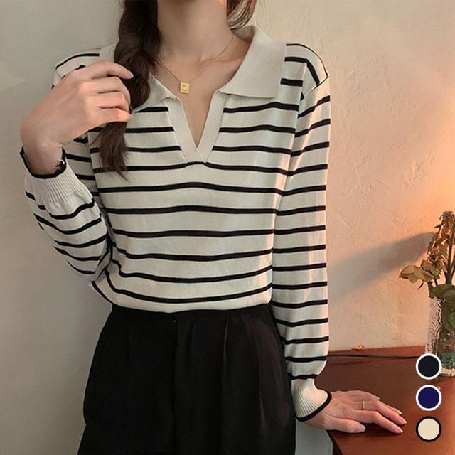 베이직 스트라이프 긴팔 브이넥 LM-0012
