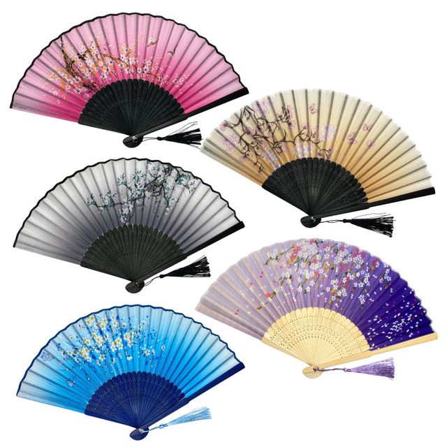 꽃무늬 접이식 대나무 실크 부채 DK-0323