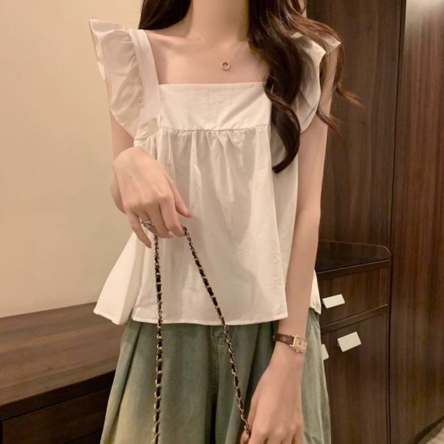 여성 여름 상의 백 리본 스퀘어 블라우스 나시