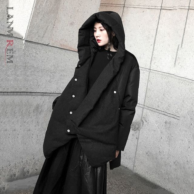 [해외] LANMREM 2022 겨울 여성 불규칙한 블랙 코튼 코트와