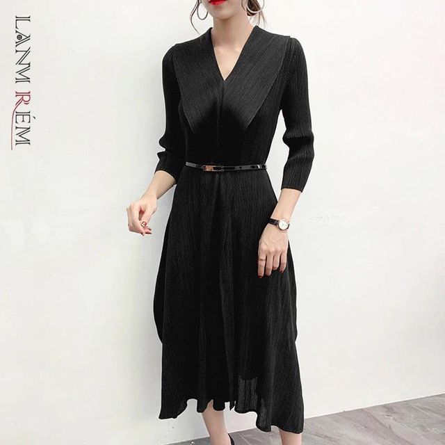 [해외] 여자 2022 봄 가을 긴 소매 V 넥 드레스에 대 한 LANM