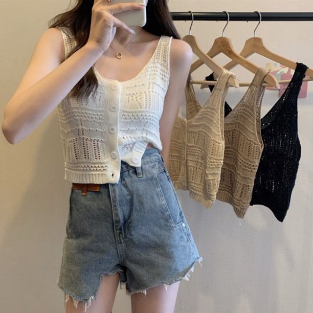 여성 펀칭 니트 나시탑 슬리브리스 크롭 여름 상의