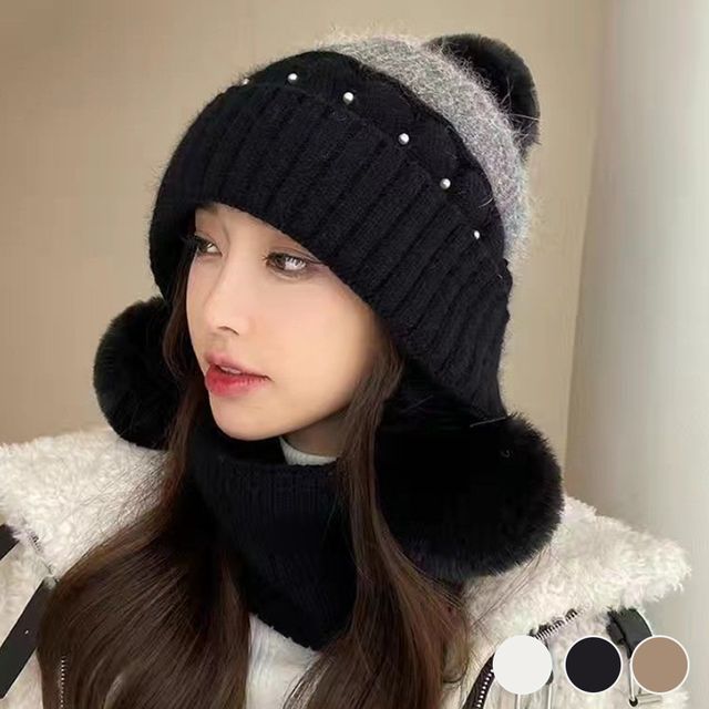 배색 기모 안감 귀여운 니트 방울 모자 URD-451