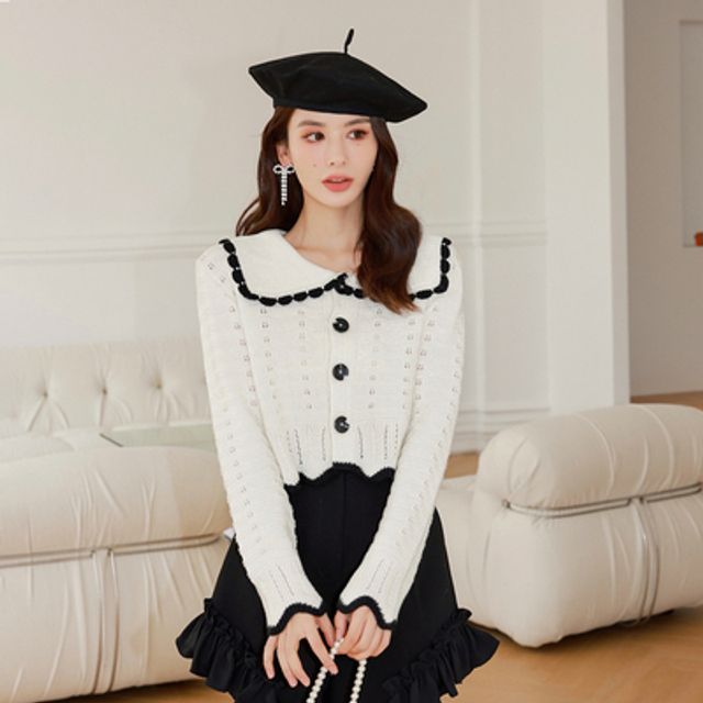 [해외] 2021 봄 신상품 화이트 숏 스웨터 여 순색 긴팔 니트