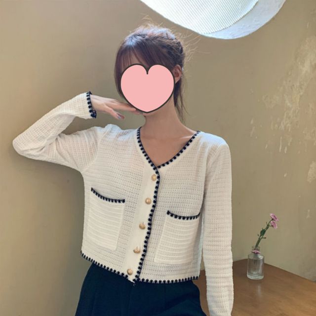 페미닌무드 골드버튼 배색 니트 가디건 JSC-d0154