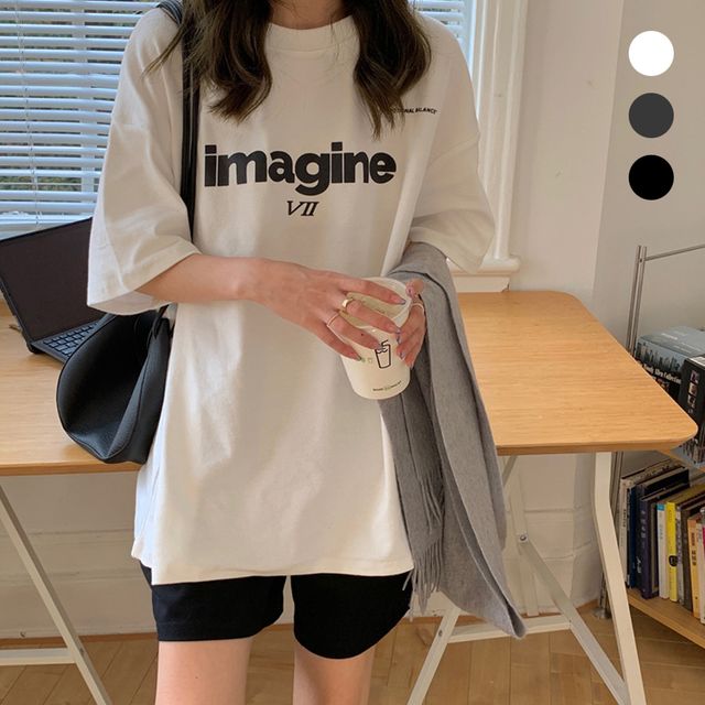 여성 로마숫자 레터링 오버핏 반팔 티셔츠 URK-330