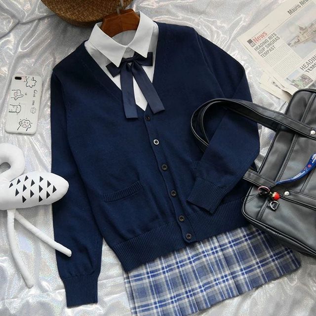 여성 브이넥 포켓 니트 가디건 간절기 오피스룩 학생 교복 스쿨룩 단체복