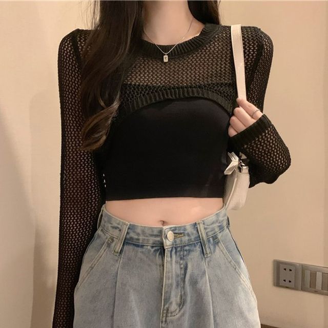 크롭그물심플니트 크롭니트볼레로 원피스볼레로