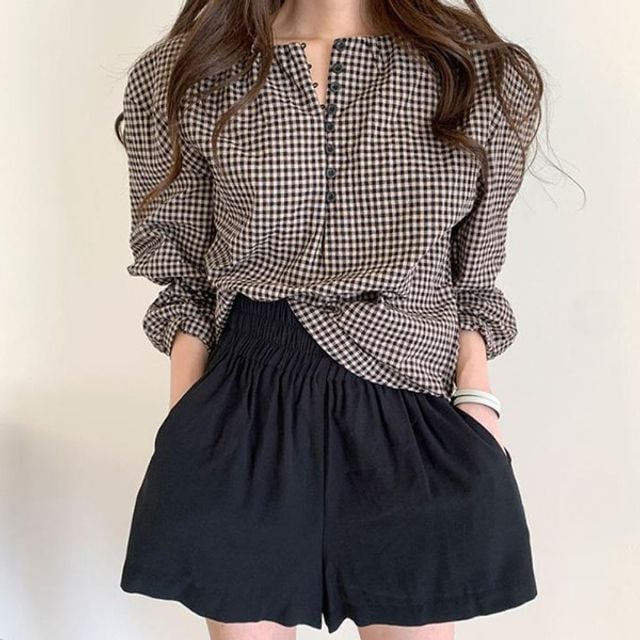체크 퍼프 러블리 셔링 블라우스 SWC-1007263