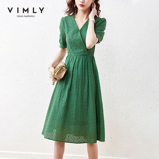 [해외] VIMLY 여름 녹색 드레스 여성 패션 새로운 V 넥 중공