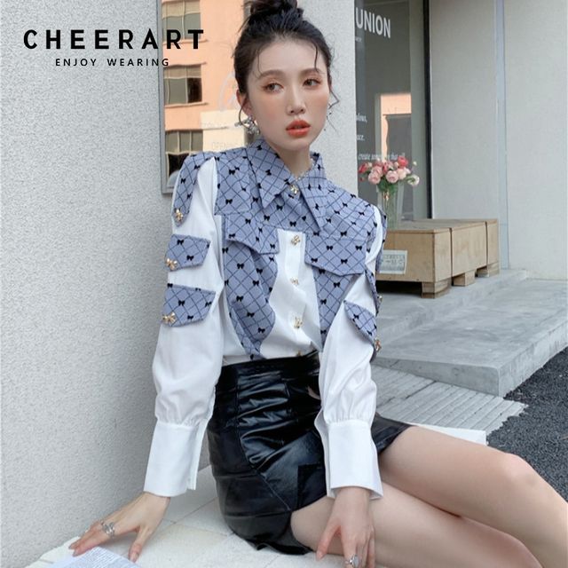 [해외] CHEERART-디자이너 빈티지 긴 소매 버튼 업 셔츠 여성