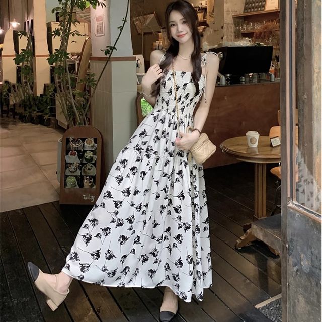 플라워 끈나시 밴딩 원피스 LL-1001543