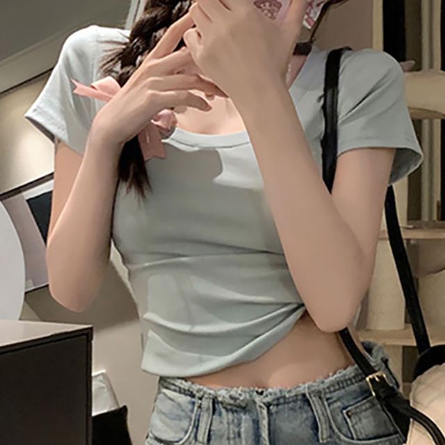 U넥 베이직 무지 캡소매 크롭반팔티셔츠 NF-20