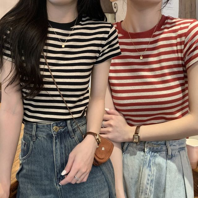 여자 스트라이프 라운드 반팔 티셔츠 URK-449