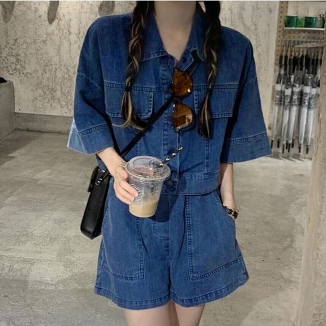 데님 반팔 셔츠 팬츠 투피스 세트 SWC-1006635