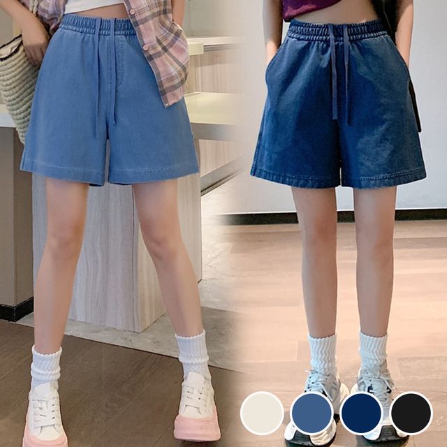 4가지 색상 와이드 핏 데님 면 반바지 URD-1008186