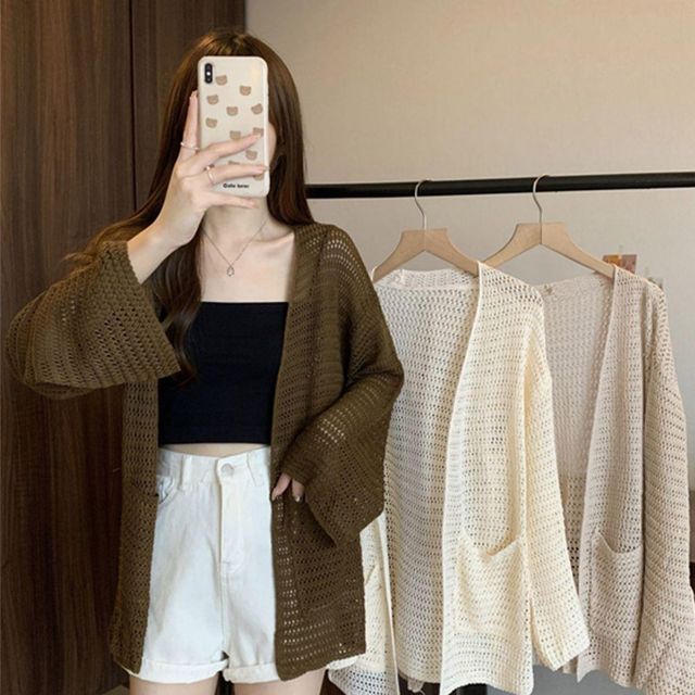 여자 통기성 그물 노버튼 통 소매 가디건 URK-498