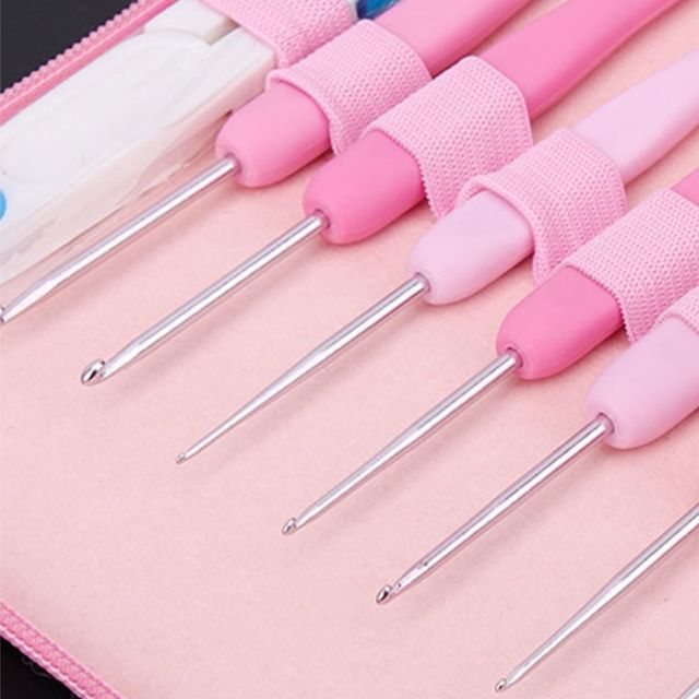 핑크 코바늘 세트 뜨개질 도구 모사용 레이스 공예 용품