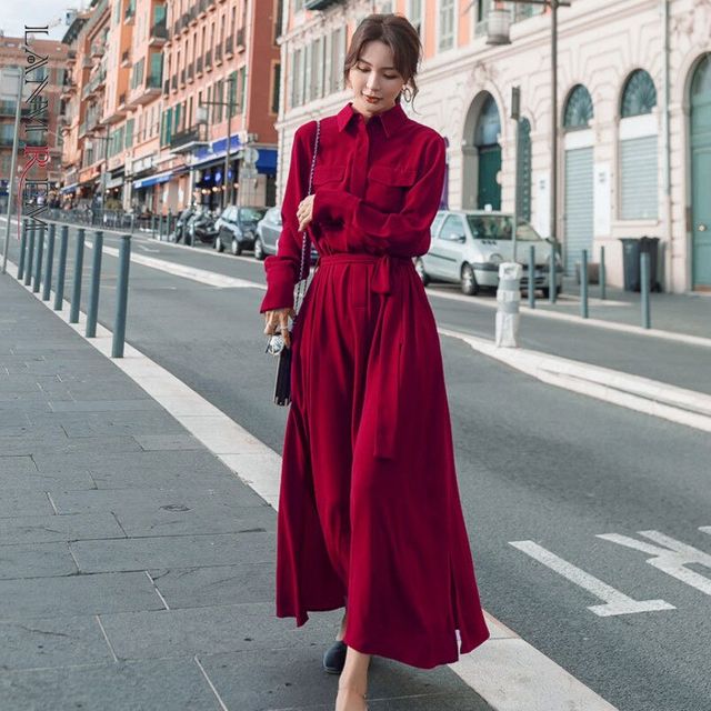 [해외] 여자를위한 LANMREM 긴팔 빨간 드레스 주머니와 옷깃