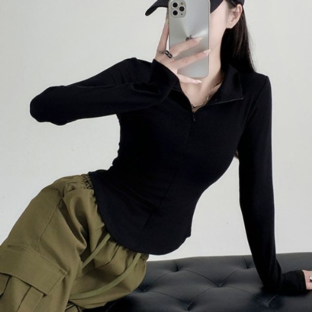 슬림핏 세미 크롭 지퍼 여성 티셔츠 슬세권티셔츠