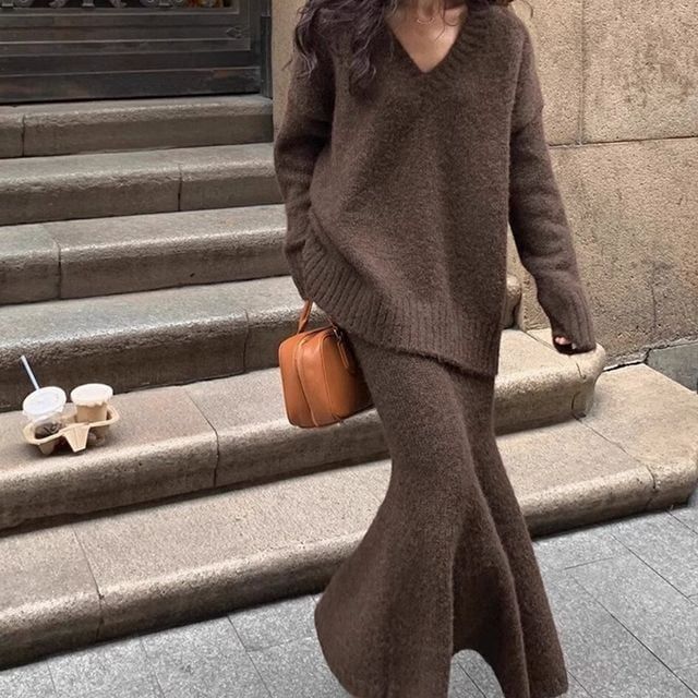 브이넥 니트 스커트 상하세트 투피스 V넥 코디